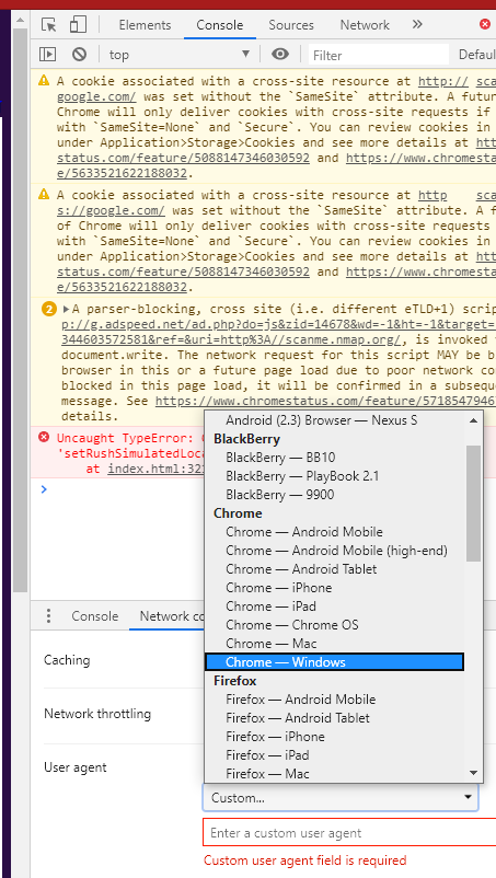 User-Agent selection dropdown menu in Google Chrome